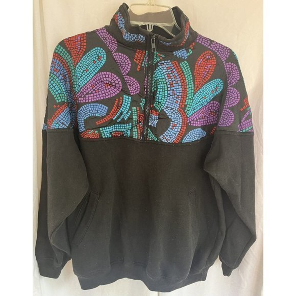 Colorful Mosaic Pattern Quarter Zip Pullover Sweatshirt 90s Athletic‎ Casual Top